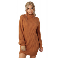 Brown Turtleneck Balloon Sleeve Sweater Dress