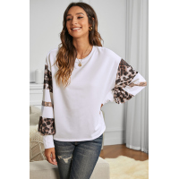 Sequins Patchwork Leopard Print White Crew Collar Long Sleeve Top