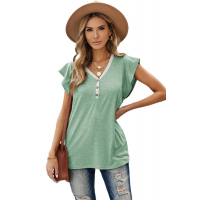 Green V Neck Buttoned Lace Trim Short Sleeve Tee