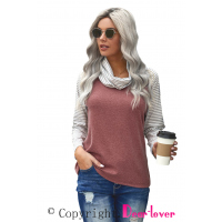 Gray Cowl Neck Stripe Splice Casual Long Sleeve Top