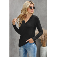 Black V-neck Button Solid Color Long Sleeve Top