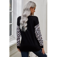 Black Crisscross V Neck Leopard Sleeve Blouse