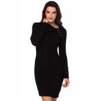 Asymmetric Buttoned Collar Black Bodycon Sweater Dress