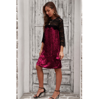 Burgundy Lace Patch 3/4 Sleeve Pleated Velvet Dress