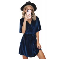 Blue V-neck Half Sleeve Velvet Mini Dress with Belt