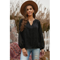 Black V Neck Lantern Sleeve Textured Solid Top