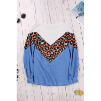 Blue Colorblock Leopard Patchwork Knit Top