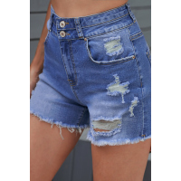 Sky Blue Distressed Raw Hem Buttons Denim Shorts with Pockets