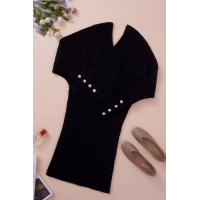 Black Wrap V Neck Batwing Sleeves Ribbed Sweater Dress