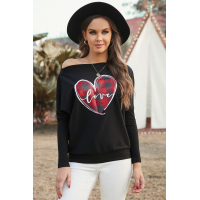 Black Valentine Love Heart Plaid Printed Splicing Bat Sleeve Top