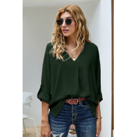 Green V Neck 3/4 Sleeve High Low Hem Shirt