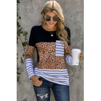 Brown Leopard Striped Patchwork Long Sleeve Top with Pocket