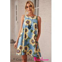 Blue Sunflower Print Tank Dress