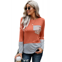 Pink Stripe Pocket Sequins Splicing Long Sleeve O-neck Top