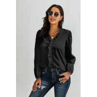 Black Long Sleeves Ruffles Blouse