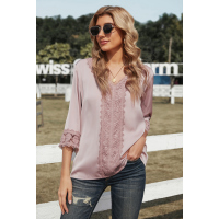 Pink 3/4 Sleeves Crochet Detail V Neck Blouse