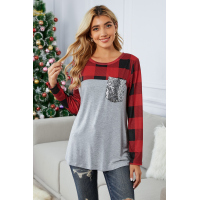 Plaid Print Patchwork Gray Long Sleeve Top