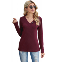 Wine V-neck Button Solid Color Long Sleeve Top