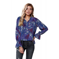 Blue Split Neck Printed Blouse