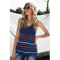 Blue V Neck Striped Pattern Knit Tank Top with Buttons