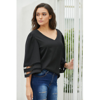 Black Flare Sleeve V Neck Loose Blouse