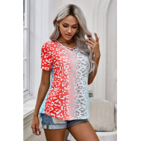 Red Ombre Crisscross V Neck Printed T-shirt