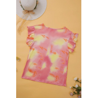 Orange Tie-dye Print Ruffled Sleeves T-shirt