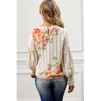 Apricot Crewneck Floral Printed Balloon Sleeves Blouse