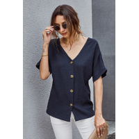 Blue V Neck Button Front Crinkled Blouse