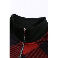 Red Plaid Color Block Zipper Turn Down Collar Long Sleeve Top