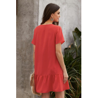 Red Pocketed Button Ruffle Dress