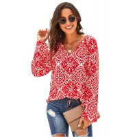 Red Long Sleeve V Neck Printed Chiffon Blouse