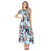 Pocket Design Short Sleeve Light Blue Floral Maxi Dress