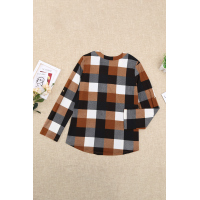 Orange Contrast Plaid V Neck Long Sleeve Top