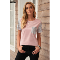 Pink Striped Short Sleeve Contrast Color T-Shirt with Pocket