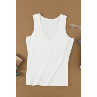 White Sleeveless Scoop Neck Button Tank Top