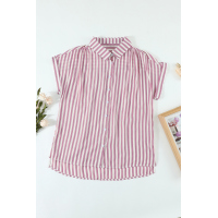 Pink Short Sleeve Buttoned Striped Print Blouse