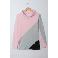 Pink Turtle Neck Sloping Color Block Long Sleeve Top