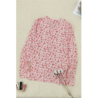 Pink Button V Neck Long Sleeve Floral Top