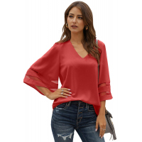 Red Flare Sleeve V Neck Loose Blouse