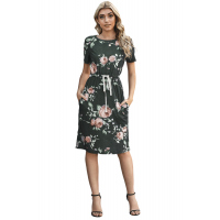 Short Sleeve Pocketed Drawstring Casual Floral Dress