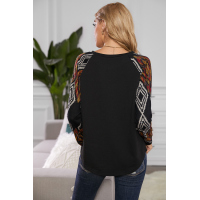 Black Ethnic Print Raglan Top