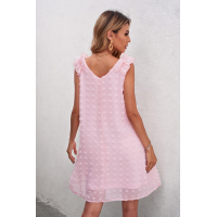 Pink Swiss Dot V Neck Ruffled Sleeveless Mini Dress