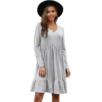 Gray Brushed Fleece Long Sleeve Ruffle Mini Dress