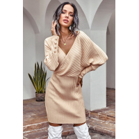 Beige Wrap V Neck Batwing Sleeves Ribbed Sweater Dress