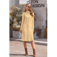 Khaki Hand Knitted High Neck Sweater Dress