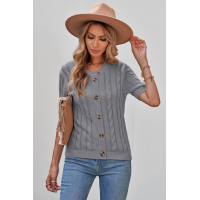 Gray Cable Knit Short Sleeve Top with Buttons