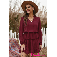 Wine V Neck Long Sleeve Ruffle Tiered Mini Dress