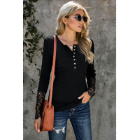 Black Crochet Lace Hem Sleeve Button Top