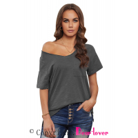 Gray V Neck Short Sleeves Cotton Blend Tee with Front Pocket and Side Slits